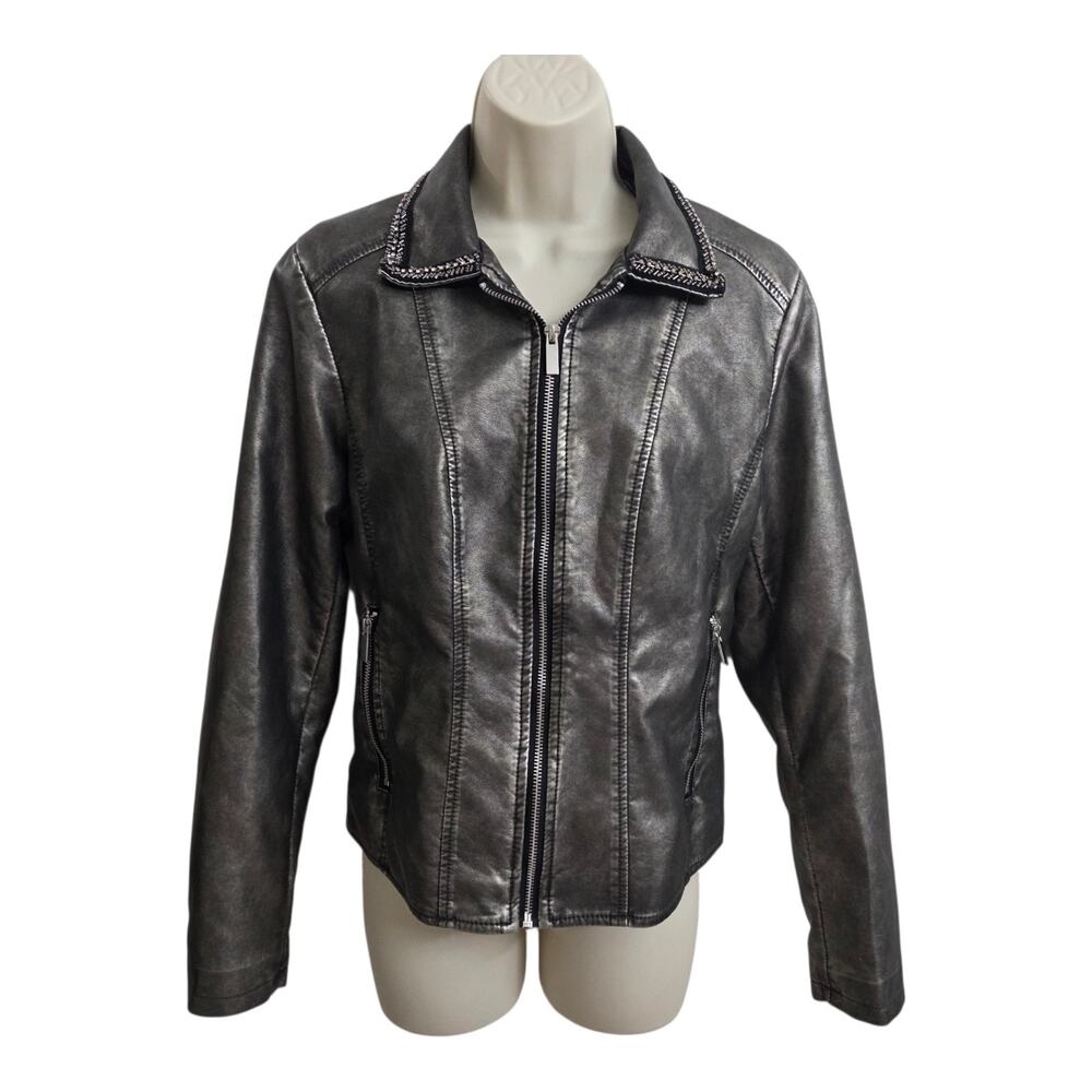 Baccini Womens Faux Leather Moto Jacket Metallic Zip Up Lined Size Medium NEW
